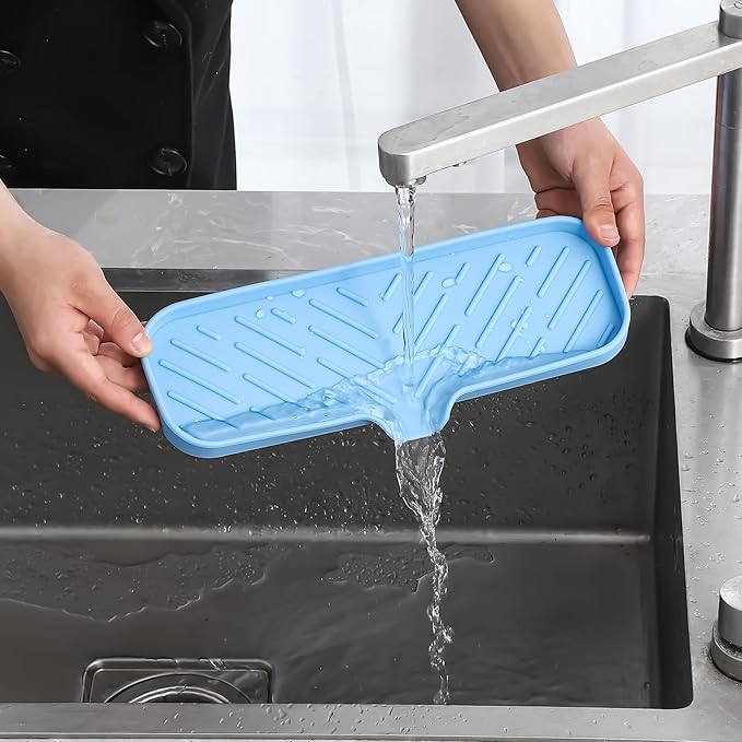 Silicone Bathroom Soap Dishes with Drain Spout-Bathroom and Kitchen Sink Organizer,Sponge Holder,Dish Soap Tray,Perfect for Dispenser,Scrubber,Bottle on Sink or Counter-Light Blue 12"×4" - Bloomnest