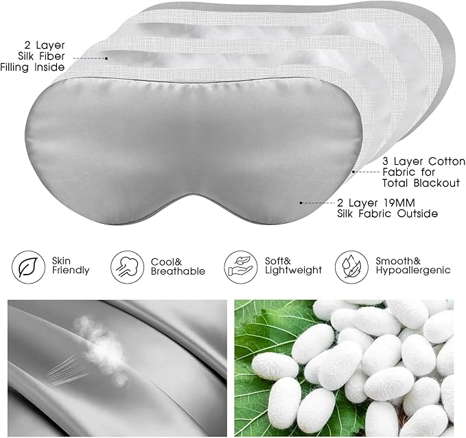 100% Mulberry Silk Eye Mask for Sleeping with Silk Wrapped Adjustable Strap,Silver Gray - Bloomnest