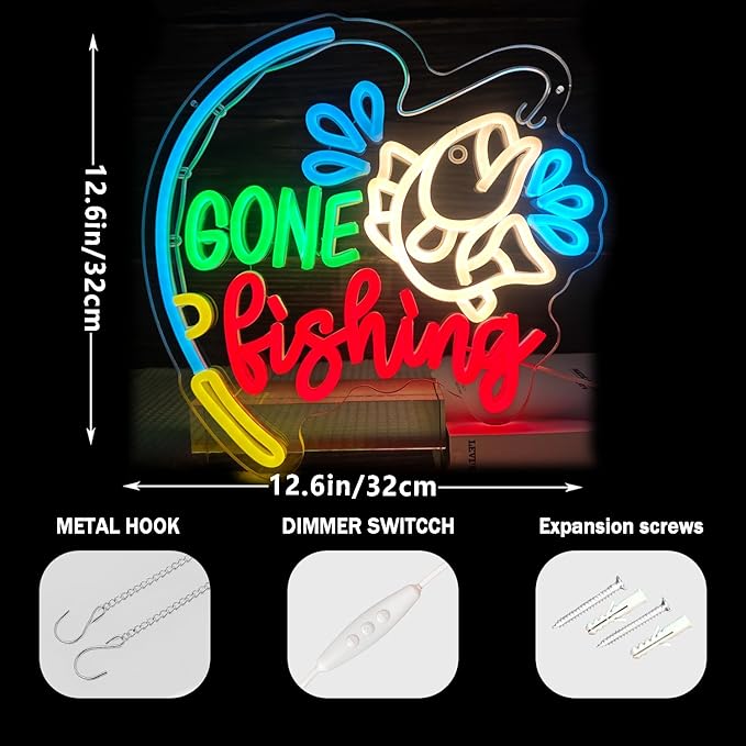 Fishing Neon Sign Dimmable Gone Fishing Neon Sign for Wall Decor Fish On Led Sign Fish Neon Light Up Sign for Bedroom Kids Room Living Room Xmas Gift Party - Bloomnest