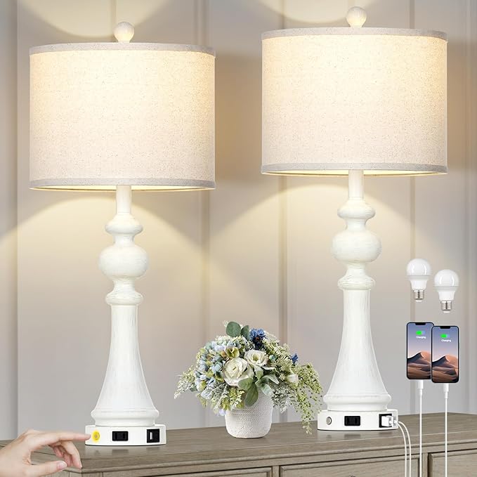 28" Farmhouse Lamps Set of 2 with USB A+C Fast Ports & AC Outlets, Vintage Rustic 3-Way Dimmable Touch Control Table Lamps, Rustic Traditional Bedside Nightstand Lamp for Living Room Bedroom White - Bloomnest