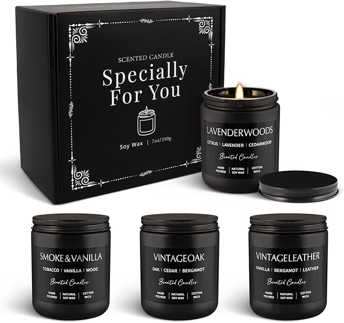 Scented Candles Gift Set - 4 Pack (7oz Each) Soy Wax Aromatherapy Candles with Essential Oils, Smokeless - Leather & Smoke, Vanilla Oakmoss, Lavender - Relaxing Fragrance for Home, Office, Yoga - Bloomnest