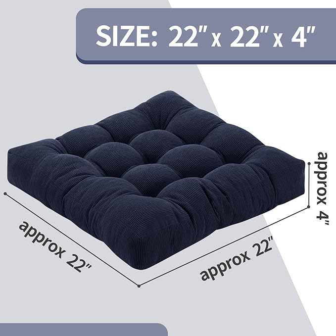 Floor Pillow Cushions for Adults Sitting Large Big Pillows for Floor Seating Square Memory Foam Thick Tufted, 22 x 22 Inch, Set of 2, Navy Blue - Bloomnest