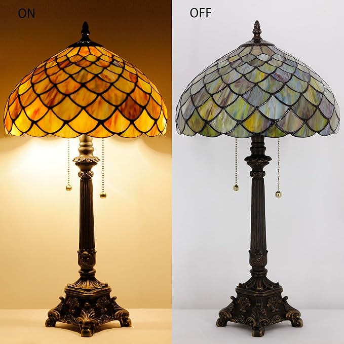 Tiffany Lamp Fish Scales Style Stained Glass Table Lamp Desk Reading Light 12X12X21 Inches with Resin Base Decor Bedroom Living Room - Bloomnest