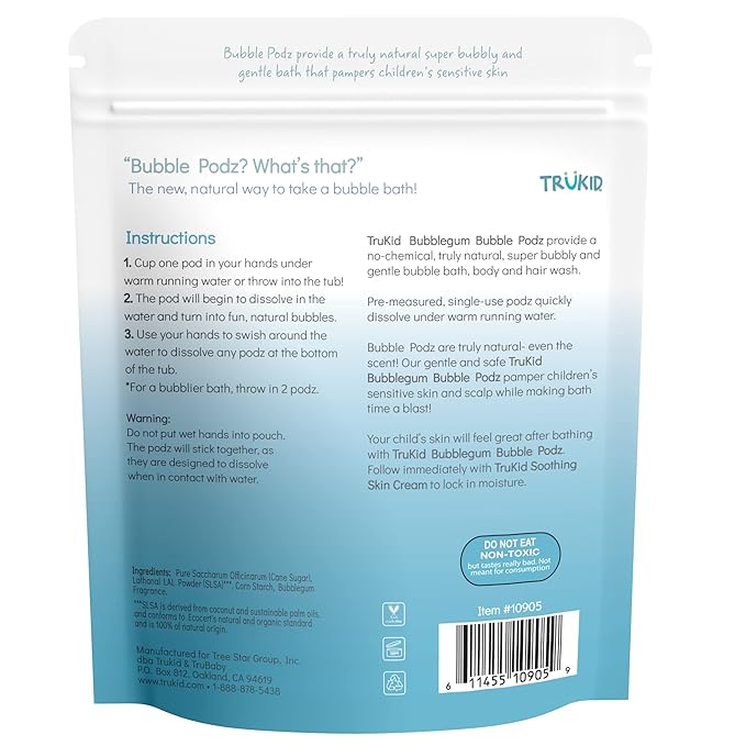 TruKid Bubble Podz Bubble Bath for Kids, Toddlers, & Babies, Tear Free Gentle & Refreshing Bath Bomb for Sensitive Skin with Natural Moisturizers, Non-Toxic, pH Balanced, Bubble Gum Scent (60 Podz) - Bloomnest