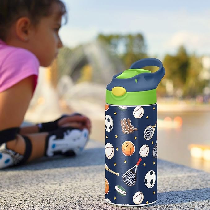 Soccer Basketball Tennis Kids Water Bottle with Straw Lid Insulated Tumbler with Handle Stainless Steel Reusable Toddlers Cup for Kids Boys 12 oz - Bloomnest