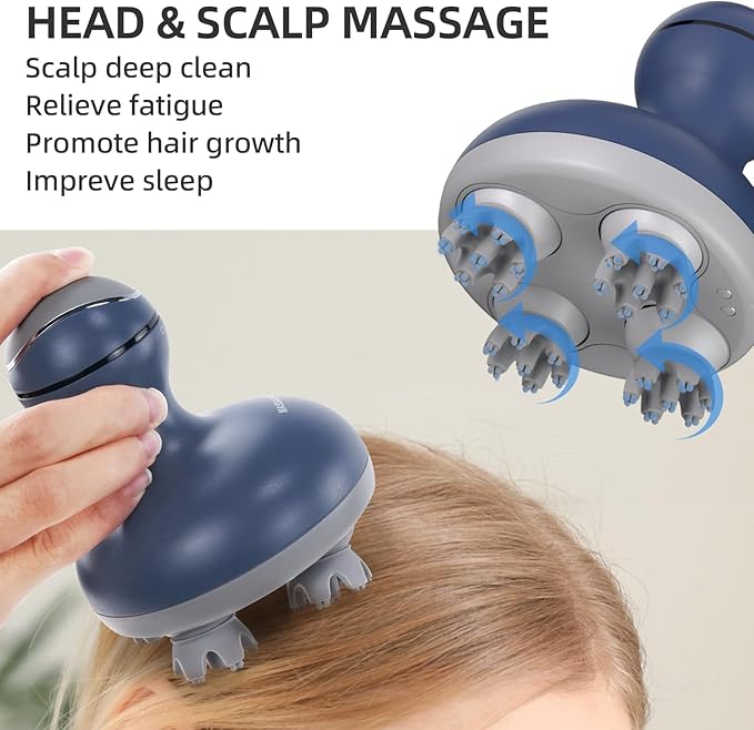 cotsoco Electric Scalp Head & Back Massager, Cordless Hair Massage Waterproof Head Massager with 4 Heads 84 Nodes for Hair Growth, Stress Relief & Deep Clean, Gifts for Men Women, Blue cotsoco
