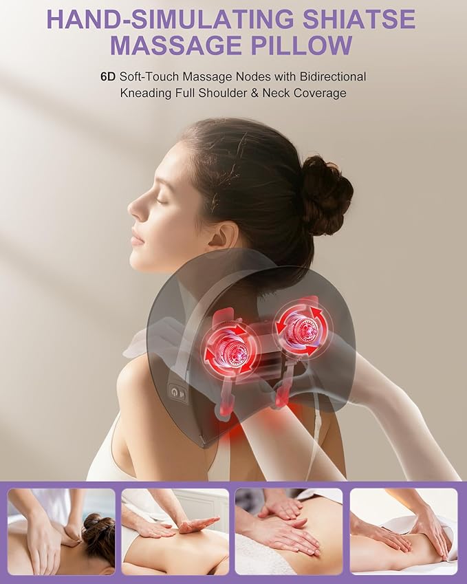 Shiatsu Neck Massager with Heat, Electric Deep Tissue Kneading Massage Pillow with 10-Minute Timer for Full Body Muscle Pain Relief, Cordless Portable Cervical Traction Device (Black)