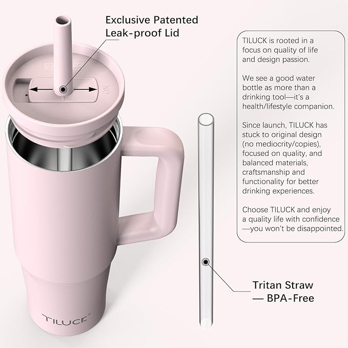 TILUCK 30 oz Tumbler with Handle, Vacuum Insulated Stainless Steel Travel Mug with 100% Leak-Proof Silicone Straw Lid, Cupholder Friendly Water Bottle(LightPink, 30oz) - Bloomnest