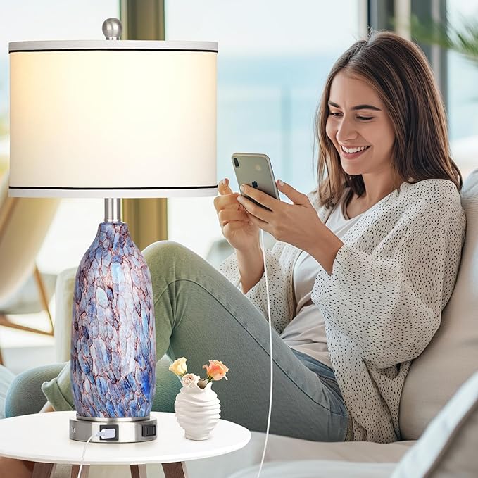 Coastal Lamps with USB A+C Ports & LED Night Light, Unique Seashells Glass Table Lamps with Natural Fabric Shade, Modern Touch Control Beach Bedside Lamp for Living Room Bedroom Nightstand Navy Blue - Bloomnest