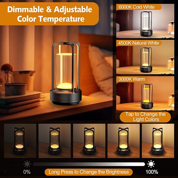 Portable Table Lamp for Outdoor Indoor: Cordless Rechargeable Desk Lamp with 3 Color Stepless Dimmable - Metal Battery Operated Small Lantern Light for Restaurant/Bedroom/Bar/Coffee Shop/Camping - Bloomnest