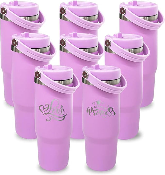 30 oz Tumbler Bulk with Top Handle, Double Wall Vacuum Insulated Tumbler with Flip Straw, Travel Coffee Mug 30oz Powder Coated Cup for Laser Engraving (Purple,8 pack)