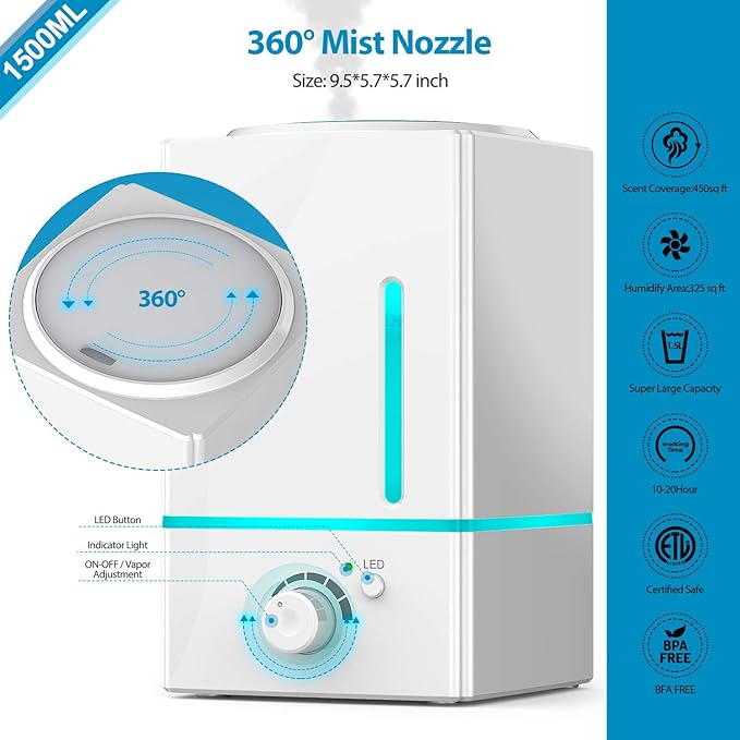 Exqline 1500ml Large Aroma Essential Oil Diffuser - Aromatherapy Humidifier for Large Room (White) - Bloomnest