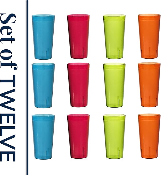 US Acrylic Café Plastic Reusable Tumblers (Set of 12) 32-ounce Iced-Tea Cups, Assorted | Value Set of Restaurant Style Drinking Glasses, Stackable, BPA-free, Made in the USA | Top-rack Dishwasher Safe - Bloomnest
