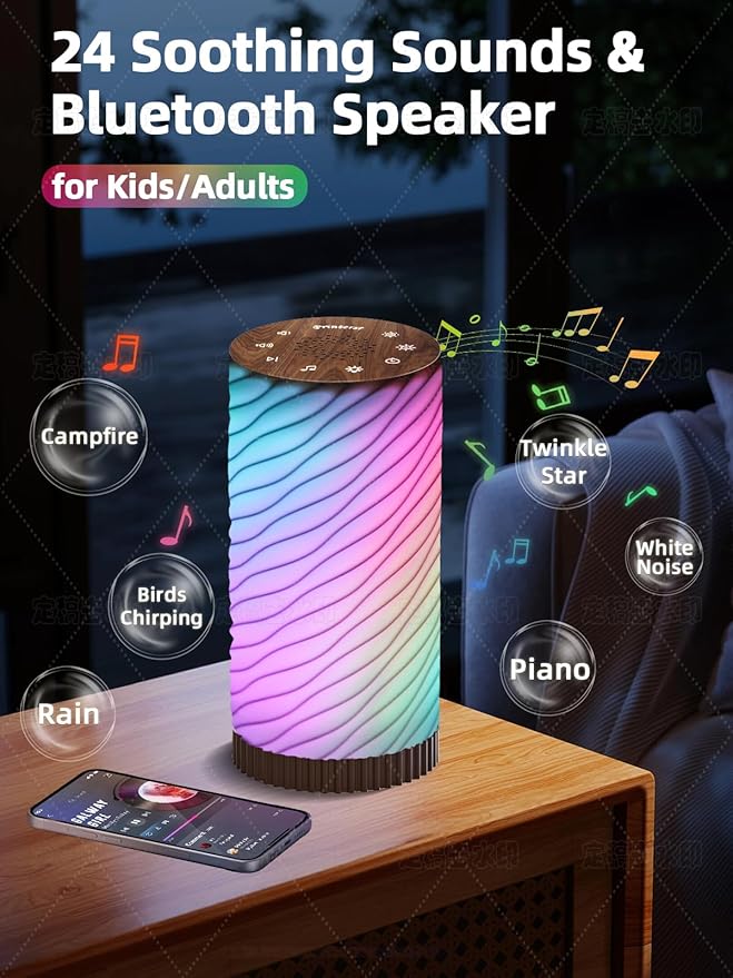 Touch Small Lamp for Bedroom, White Noise Sleep Sound Machine with Mood Night Lighting, Modern Bedside Table Lamp with Bluetooth Speaker, 20 Brightness & 30 Volume, Night Lights for Adults/Kids - Bloomnest