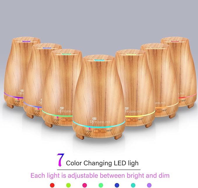 Diffuserlove Essential Oil Diffusers 200ML Diffuser Remote Control Aromatherapy Diffuser with 7 Color Lights, Auto Shut-Off for Bedroom Office Kitchen (Yellow Wood Grain) Diffuserlove