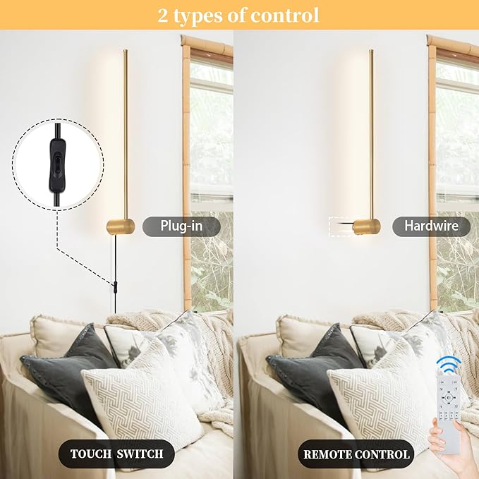dimmable Modern Plug in Wall Sconce Set of 2, 23.6" Gold Brushed Wall Lights, Indoor Wall lamp Background Lighting with Memory Function, Applicable to Living Room and Bedroom 3000K 4000K 6000K - Bloomnest