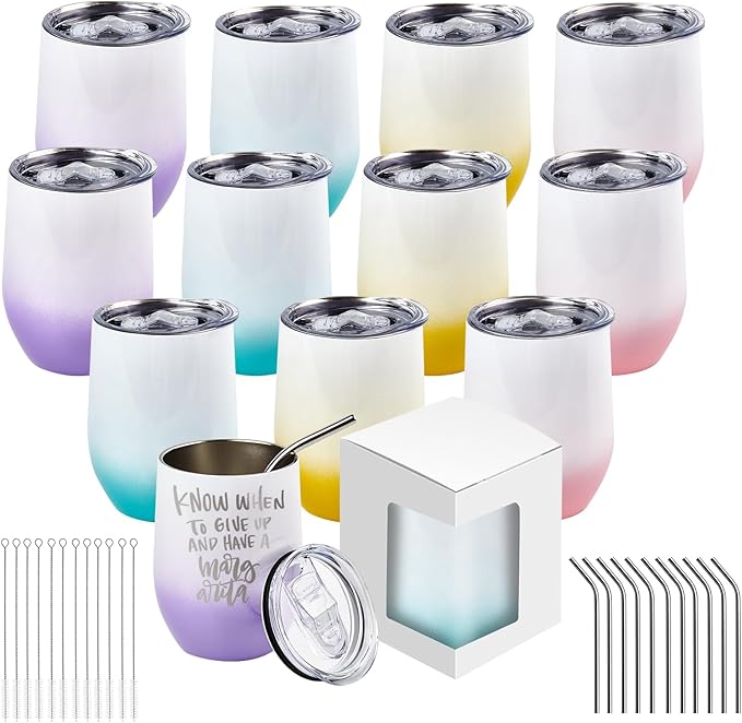 BetterSub Double Wall Gradient Color Wine Tumblers 12oz, Stainless Steel Sublimation Blanks, with Lid, Straw, & Display Box - 12 Pack - Bloomnest