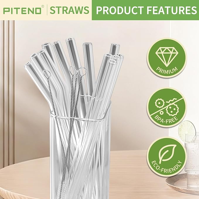 Piteno® 16-Pack Reusable Glass Straws Set, Clear Glass Drinking Straws, 8.5''x10MM, Set of 6 Straight and 6 Bent with 4 Cleaning Brushes, Perfect for Smoothies, Milkshakes, Juice, Tea Piteno