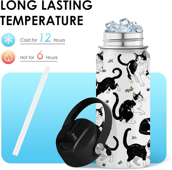 Cat Gifts for Kids - 16oz Cute Cow Cat Water Bottle with Straw Lid, Stainless Steel Insulated Tumbler, Leak Proof, BPA-Free, for Boys, Girls, School - Cow Cats Lovers Children Birthday Gifts Cups(1pc) - Bloomnest