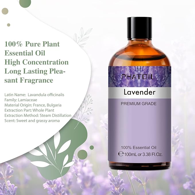 Lavender 3.38fl.oz Essential Oil, PHATOIL Aromatherapy Essential Oils for Diffuser, Humidifier, Perfect for DIY Soap, Candle, Bath Bombs Making(100ml) PHATOIL