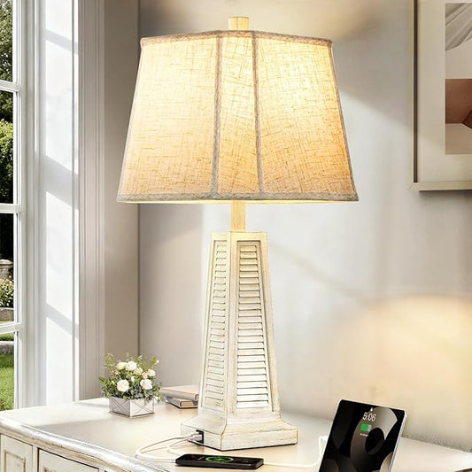 25.94'' Vintage Table Lamp Traditional Bedside Lamp with 2 USB Ports Rustic Farmhouse Nightstand Lamp with Linen Lampshade Desk Lamp for Living Room Bedroom, 9W Bulb Included - Bloomnest