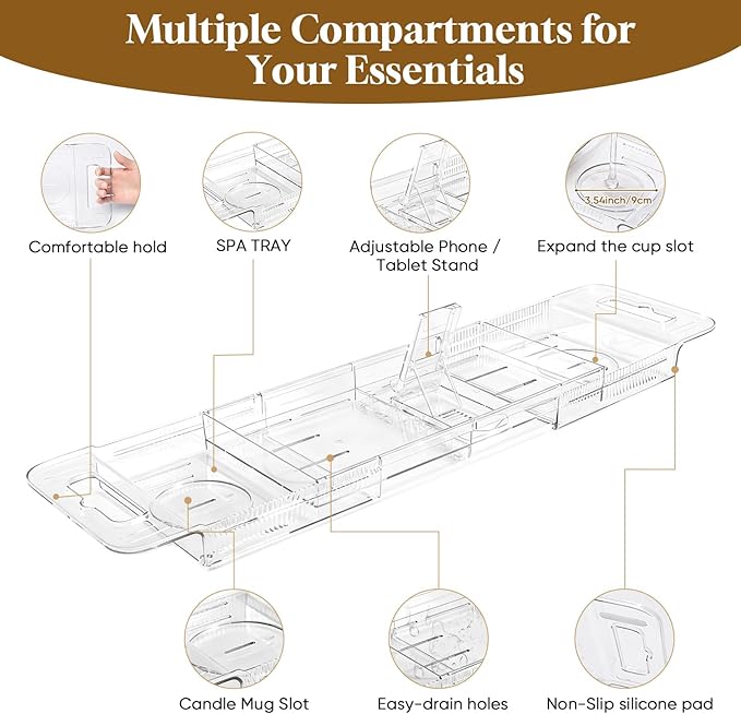 Expandable Clear Acrylic Bathtub Tray Caddy, Foldable Tub Bath Tray with Drain Slots, Slip-Resistant Waterproof Bathroom Shelf Caddy & Home Spa Gift for Women - Bloomnest