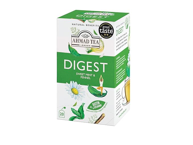 Ahmad Tea Herbal Tea, Sweet Mint, Fennel & Biotin 'Digest' Natural Benefits Teabags, 20 ct (Pack of 1) - Decaffeinated & Sugar-Free - Bloomnest