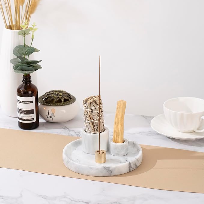 4 in 1 Marble Incense Holder, Natural Marble Incense Burner for Meditation, 9 Incense Holes Suitable for Most Incense Types (White) - Bloomnest