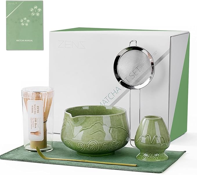 ZENS Matcha Whisk Set, 6Pcs Matcha Kit Set Includes Ceramic Bowl, Bamboo Whisk and Chasen Holder,Scoop, 304 Stainless Sifter & Tea Mat, Matcha Set for Tea Ceremony, Blue - Bloomnest