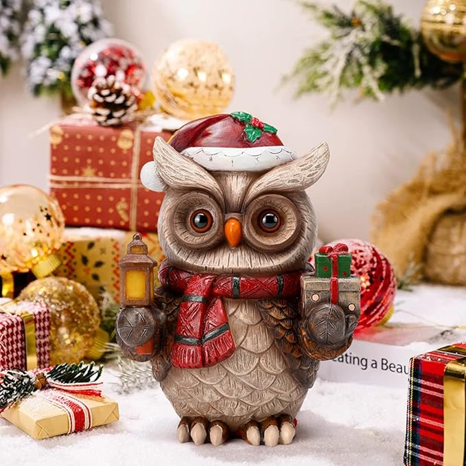 Solar Christmas Owl Decoration Resin Owl Outdoor Statue with LED Lantern for Porch Garden Patio Yard Home Decor Christmas Housewarming Gifts for Women Mom - Bloomnest