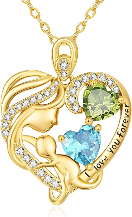 14K Gold Double Birthstone Heart Necklace for Women Mom, Mother Son/Daughter Pendant Necklace for Christmas Mother's Day Birthday Gifts for Wife Daughter Grandmom - Bloomnest