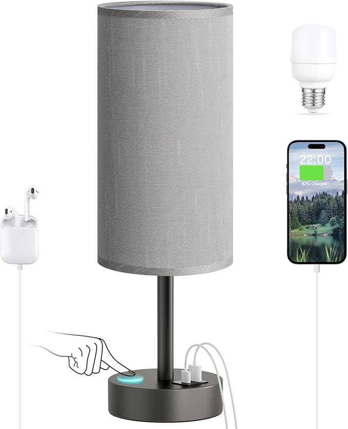 Small Touch Bedside Lamp with USB - 3 Way Dimmable Grey Table Lamp for Bedroom, Nightstand Lamp with Charging Station for Desk Dorm, Office - Bloomnest