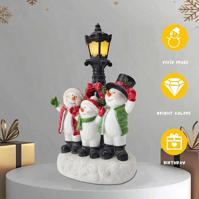 Snowman Family with Lighted Lamp Post - Set of 3 Snowman Figurines and LED Lighted Streetlamp - Christmas Village Decor for Mantel, Holiday Display - Bloomnest