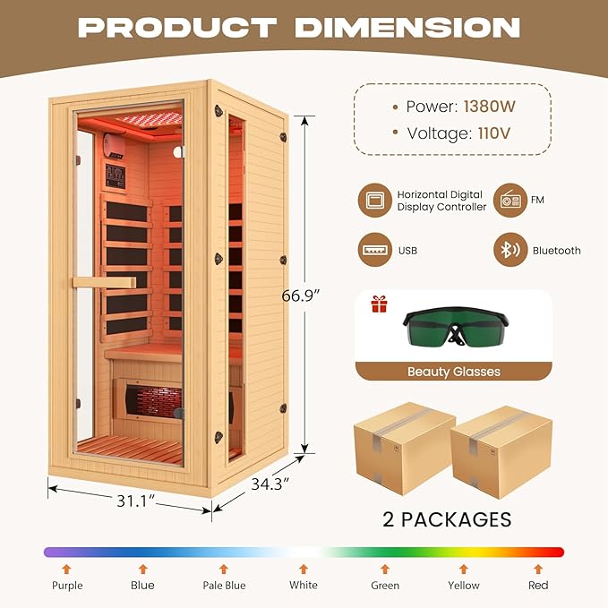 1 Person Infrared Sauna with Red Light Therapy, Full Spectrum Sauna for Home, Indoor Dry Saunas with Rapid Heating 4 Carbon Panels and 1 Carbon Tube, Oxygen Bar and 7 Color Therapy Lights, 110V BNEHSDirect