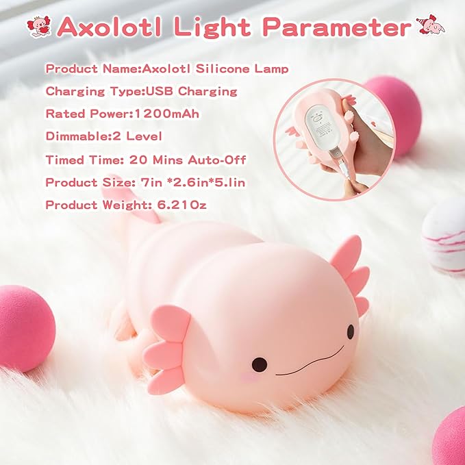 Axolotl Lamp,Cute Axolotl Night Light,Dimmable Silicone Animal Nursery Night Light,Adorable Rechargeable Squishy Novelty Bedside Touch Lamp,Baby Room Decor, Axolotl Gifts for Kids/Girls - Bloomnest