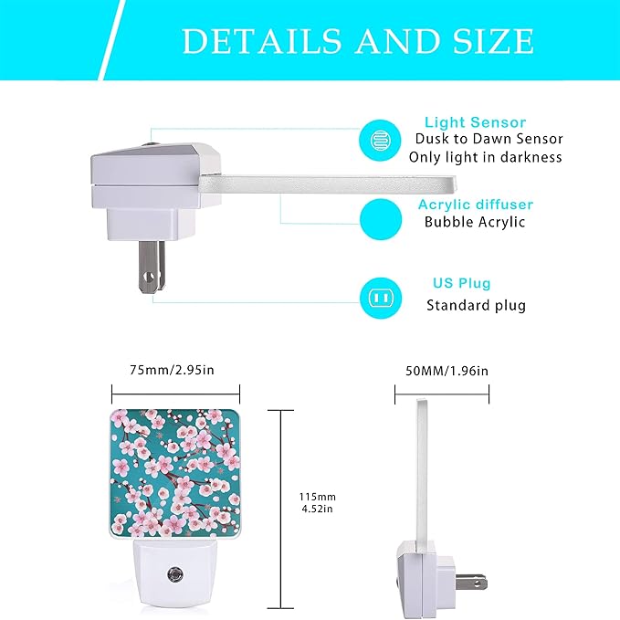 Spring Flowers Night Light,Cherry Blossom Night Lights Plug into Wall Dusk to Dawn Sensor Led Lamp for Women Men,Led Lights for Stairway/Hallway/Bedroom