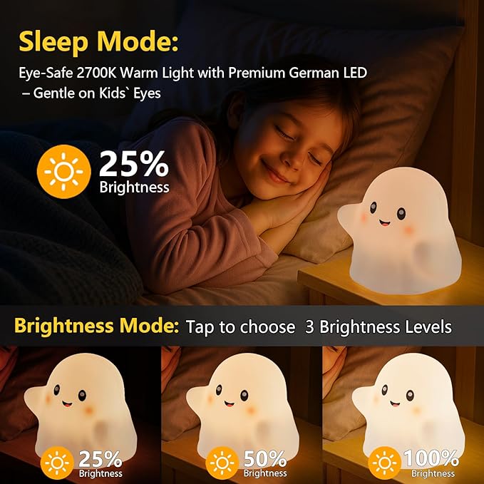Ghost Night Light for Kids – Gift & Fun Toy for Kids, Touch Tap Lamp with Sounds, Squishy Silicone, Eye-Safe LED, 30-Min Timer, Dimmable Rechargeable Bedside Table Lamp – Gift for Boys & Girls - Bloomnest