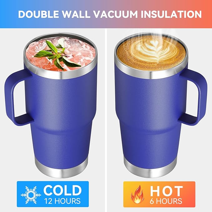 VEGOND 20 oz Tumbler with Handle Lid and Straw, Stainless Steel Insulated Travel Coffee Mug Spill Proof Double Wall Metal Tumbler Cup Keeps Drink Hot and Cold, Royal Blue 1 Pack - Bloomnest