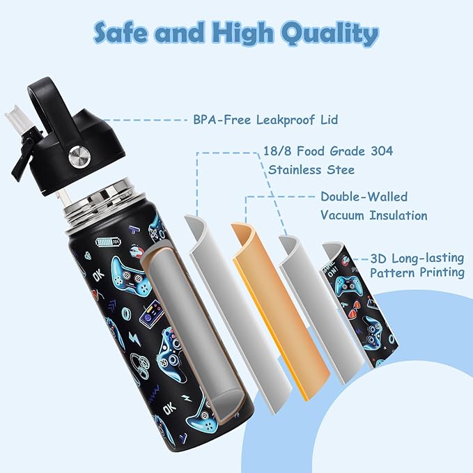 18oz Kids Insulated Water Bottle with Straw Lid - 18/8 Stainless Steel Kid Cup Travel Tumbler Double Wall Vacuum Leak Proof Portable Toddler Water Bottle (Game + Dinosaur) - Bloomnest
