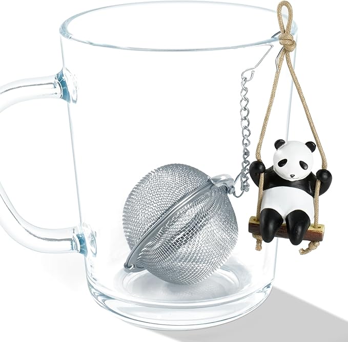 Calico Cat Tea Infuser Set - Adorable Tricolor Kitty Hook, Fine Mesh Loose Leaf Tea Steeper, Stainless Steel, No Mess, 1 Pack (Panda Swinging on Your Teacup)