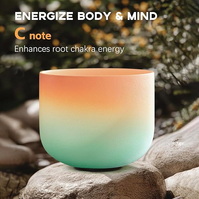 432HZ 8 Inch C Note Root Chakra Desert Sunset Colored Frosted Quartz Crystal Singing Bowl Meditation Therapy Sound Healing Bowl with Carrying Case and Rubber Mallet O-ring - Bloomnest