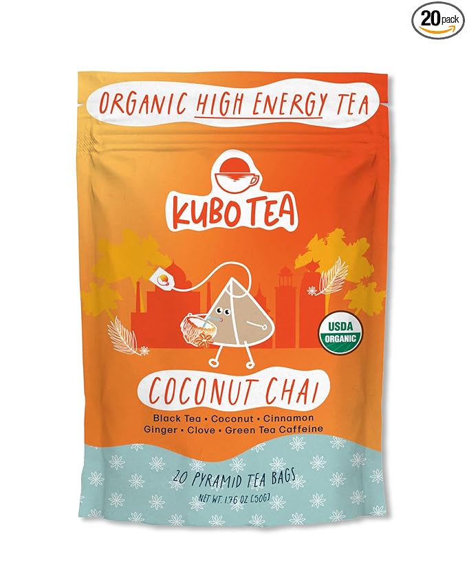Kubo Tea, Coconut Chai Black Tea, Organic High Caffeine Blend, 20 Servings (155mg Caffeine each), Pyramid Tea Bags, Compostable & Biodegradable Packaging, Brew Hot or Iced, Healthy Coffee Substitute - Bloomnest