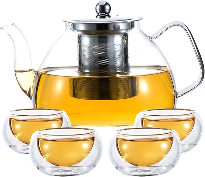 1200ml/40 oz Glass Teapot with 4 Double Wall Teacups and Removable Stainless Steel Infuser, Tea Sets for Adults, Clear Tea Kettle Stovetop Safe for Loose Leaf and Blooming Tea, Tea Maker Gift - Bloomnest