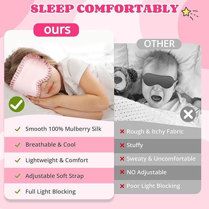 Kids Sleep Mask Eye Cover, 100% Real Mulberry Silk Sleep Mask with Adjustable Strap, Kids Blindfold for Sleeping, Boys Girls Eye Shade for Ages 5+, Soft and No Pressure (Pink) - Bloomnest
