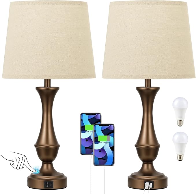 Seealle Upgraded Touch Lamps for Night Stands Set of 2 - Bedside Lamps with USB C+A, 3 Way Dimmable for Bedroom Living Room End Tables Office(Brown) - Bloomnest