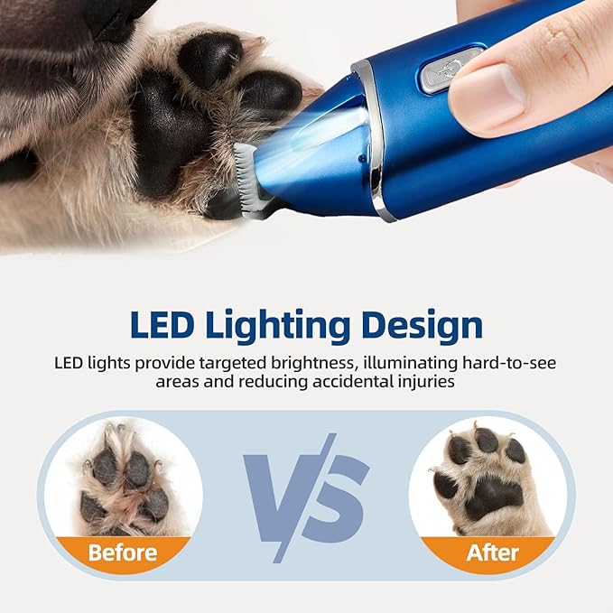 Dog Paw Trimmer, Low-Noise Dog Clippers for Grooming, 20mm-Blade Electric Pet Hair Trimmer with LED Light, Protective Cap, Rechargeable Pet Paw Grooming Clippers for Paws, Ears, Face, Jewel Blue - Bloomnest