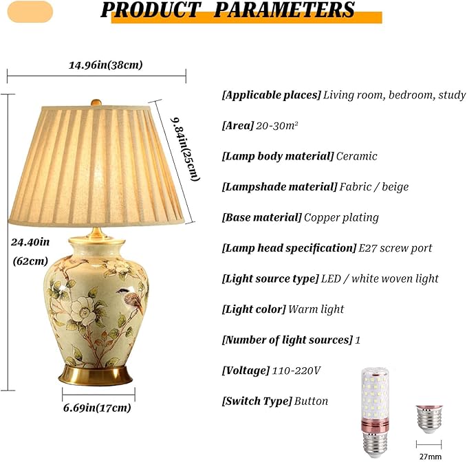 PURESILKS Vintage Ceramic Table Lamp, Hand-Painted Flower and Bird Desk Lamp, Chinese Classical Decorative Lamp with Fabric Shade, Farmhouse Table Lamp for Living Room,Bedroom, Study Room - Bloomnest
