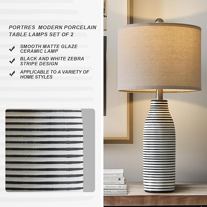 PORTRES 25" Ceramic Table Lamps Set of 2 Beside Lamps for Living Room Modern Bedroom Lamps for Night Stands with Rotary Switch Black and White Stripes - Bloomnest