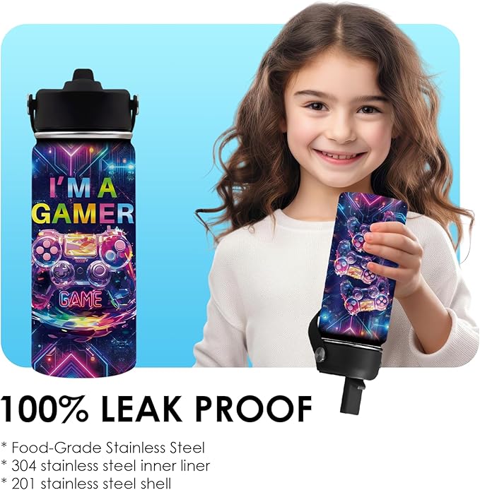 Game Gifts for Boy Girls - 16oz Kids Water Bottle with Straw, I'm A Gamer Stainless Steel Water Bottles Insulated, BPA-free, Leak-proof, Gamer Tumbler for School, Travel - Game Lovers Gift Cup(1pc) - Bloomnest