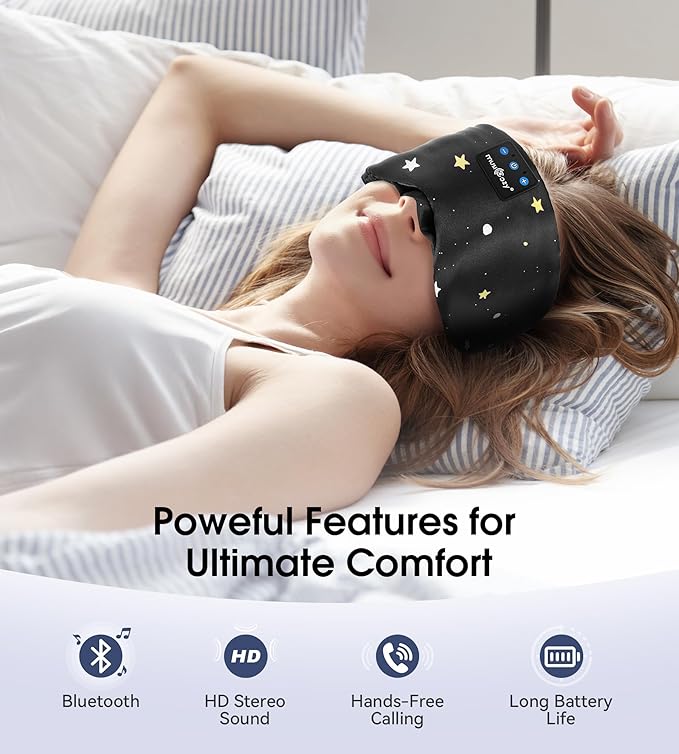 MUSICOZY Mulberry Silk Bluetooth Sleep Mask with HD Stereo Sound, Wireless Sleep Headband Headphones for Side Sleepers, Adjustable Size, Total Light Blocking, Perfect for Travel Relaxation Sleep - Bloomnest
